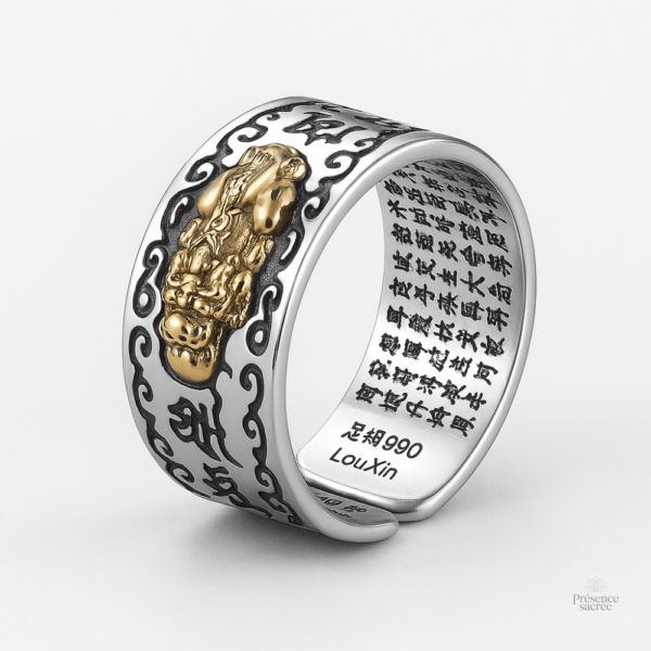 Bague Feng Shui Pixiu Mantra en argent