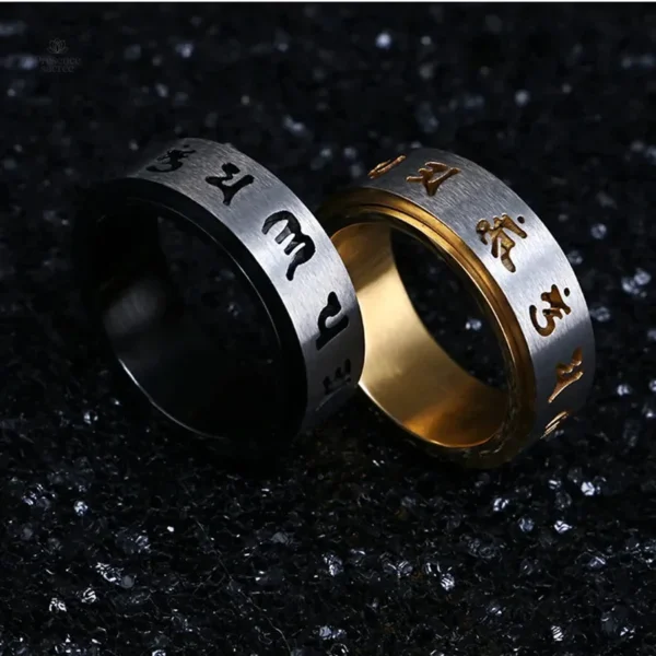 Bague bouddhiste Mantra avec motifs gravés
