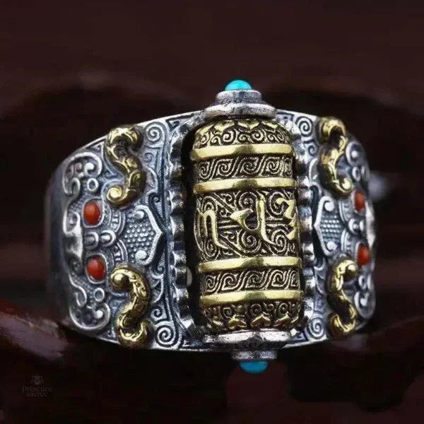 Bague en argent, design inspiré de la culture tibétaine