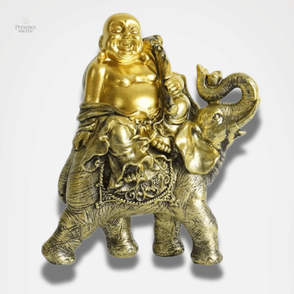 Bouddha rieur sur éléphant, statue décorative