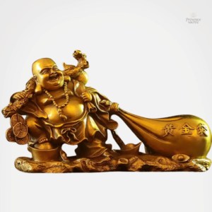 Bouddha Rieur Sac d'Or en résine dorée