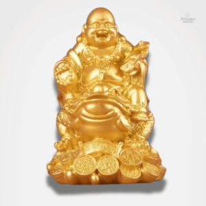 Statue Bouddha rieur sur un crapaud coloré
