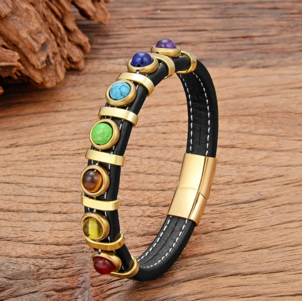 Bracelet en cuir avec 7 Chakras colorés pour bien-être