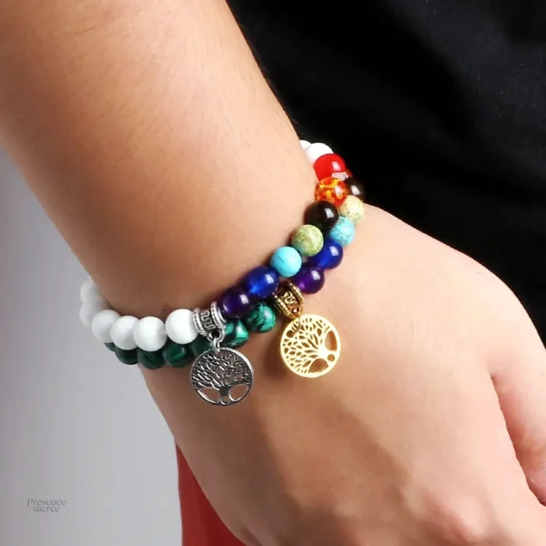 Bracelet 7 chakras spirituel avec détail arbre