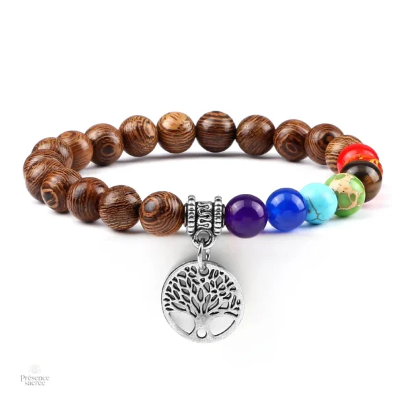 Bracelet coloré 7 chakras et charme arbre de vie