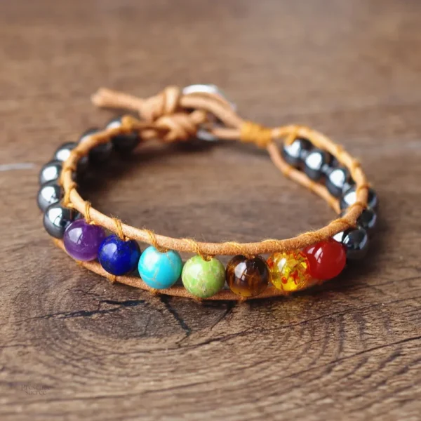 Bracelet 7 Chakras en cuir avec hématite