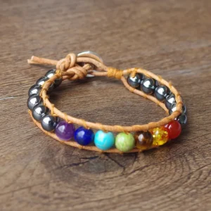 Bracelet en cuir 7 Chakras avec pierres hématite