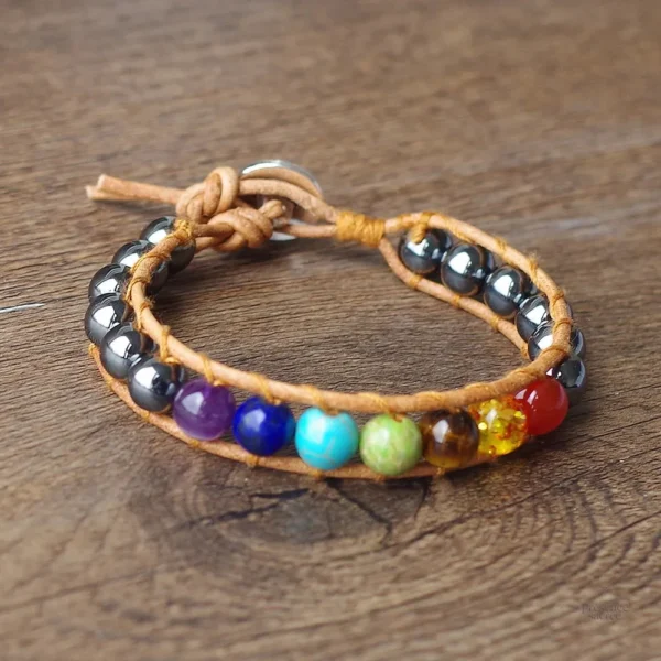 Bracelet en cuir 7 Chakras avec pierres hématite