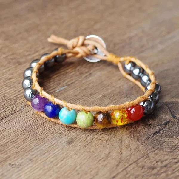 Bracelet hématite 7 Chakras en cuir élégant