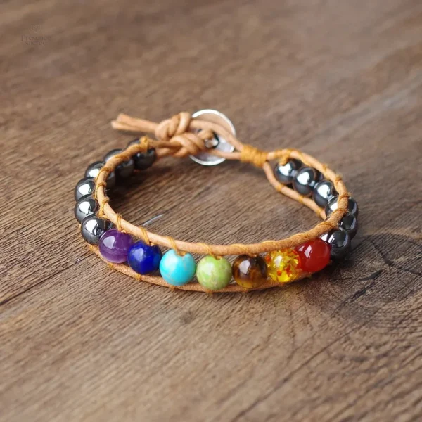Bracelet tendance 7 Chakras en hématite et cuir