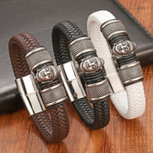 Bracelet Bouddha en cuir noir