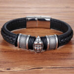 Bracelet cuir tressé avec tête de bouddha en acier