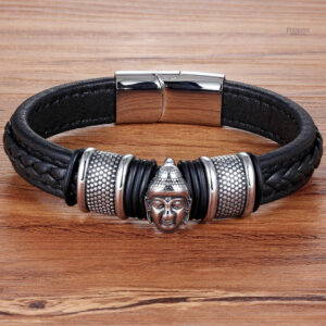 Bracelet cuir tressé avec tête de bouddha en acier
