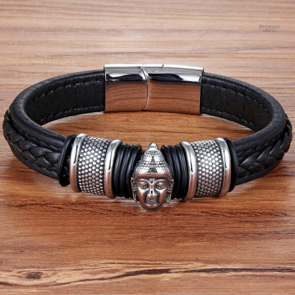 Bracelet cuir tressé avec tête de bouddha en acier