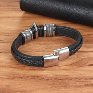 Bracelet élégant en cuir noir avec ornement bouddha