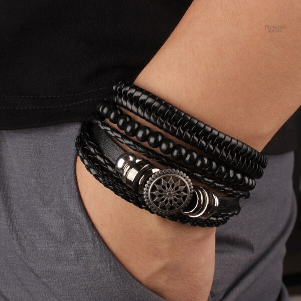Bracelet Dharmachakra en cuir, symbole bouddhiste