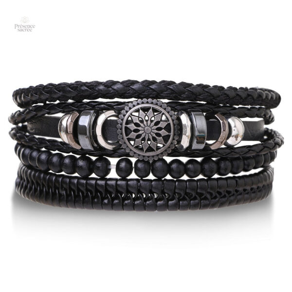Bracelet en cuir, design Dharmachakra pour pratique spirituelle