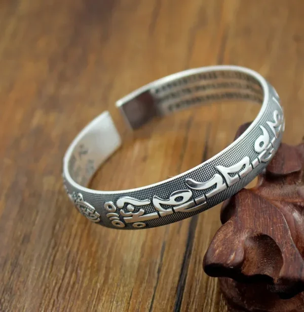 Tibetan mantra bracelet, silver finish
