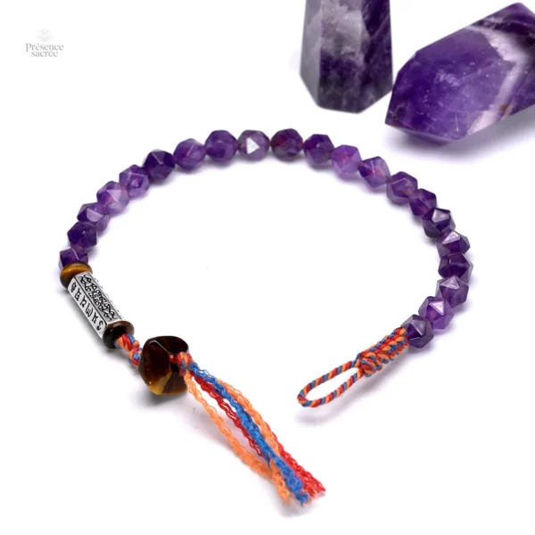 Améthyste naturelle, bracelet tibétain avec motif Om