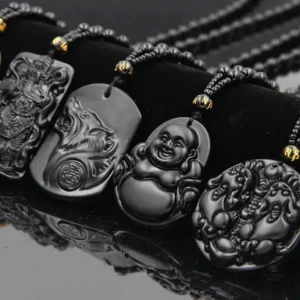 Collier méditation Avalokiteśvara en pierre obsidienne