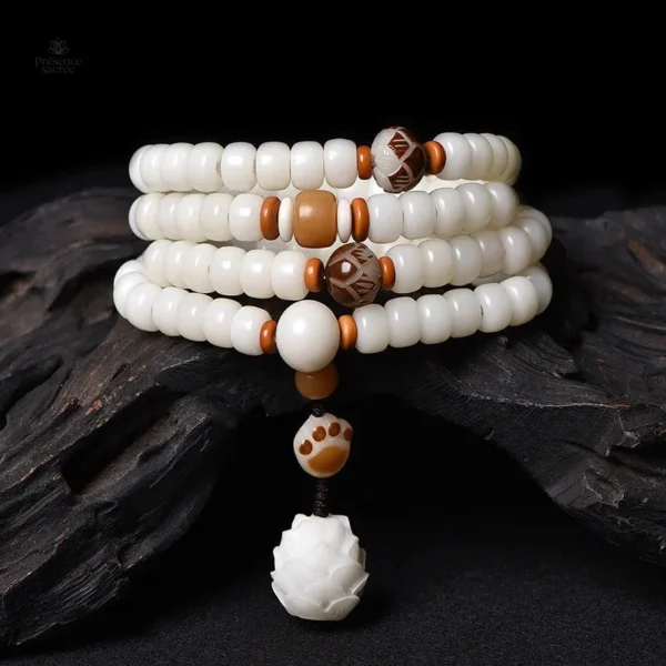 Collier Mala Tibétain blanc, perles naturelles et élégantes