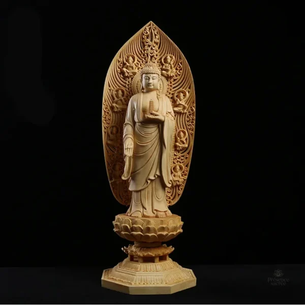Statue en bois représentant Bouddha, symbole de paix