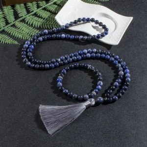 Mala Tibétain perlé bleu, symbole de méditation et sérénité