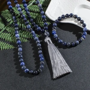Mala tibétain avec perles bleu, favorise la concentration et la paix