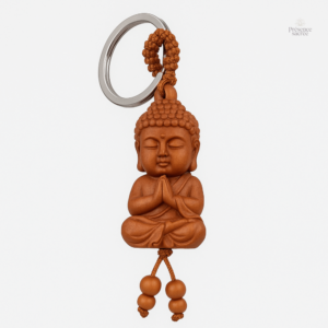 Porte-clés Bouddha en bois de pêche, symbole de sérénité