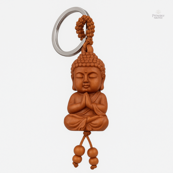 Porte-clés Bouddha en bois de pêche, symbole de sérénité