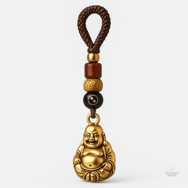 Porte-clés Bouddha rieur en métal doré