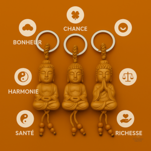 Porte-clés Bouddha, design artisanal en bois