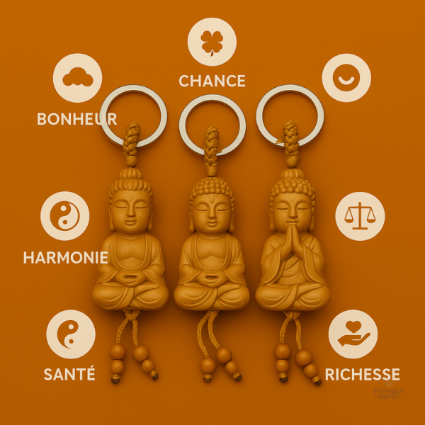 Porte-clés Bouddha, design artisanal en bois