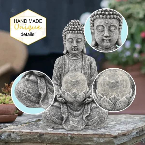 Statue Bouddha, effet solaire sur boule en verre