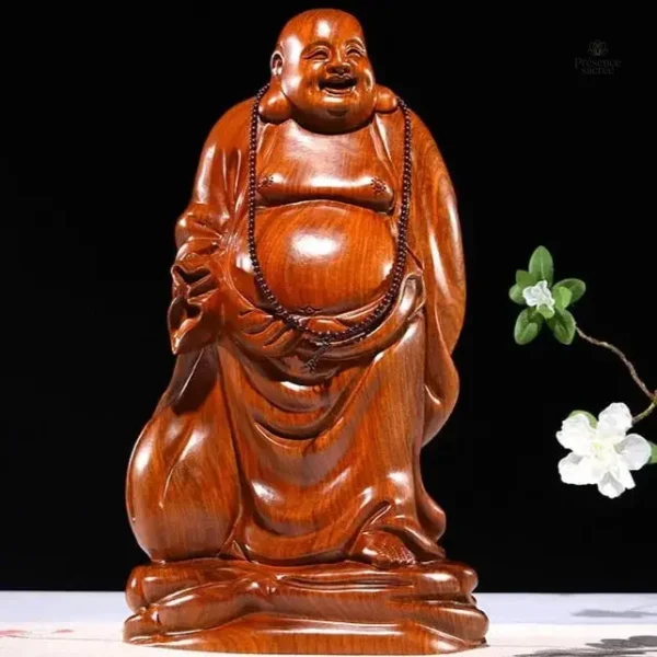 Bouddha en bois massif, sourire bienveillant