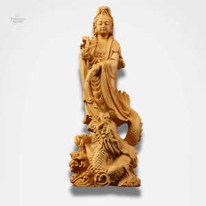 Statue en bois de Guan Yin et dragon, art bouddhiste