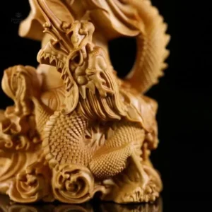 Statue bouddhiste en bois, Guan Yin et dragon