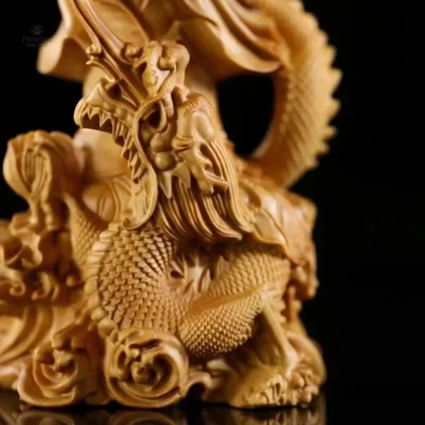Statue bouddhiste en bois, Guan Yin et dragon