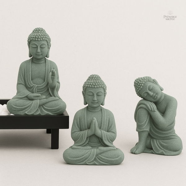 Statuette Bouddha en grès vert, décoration zen