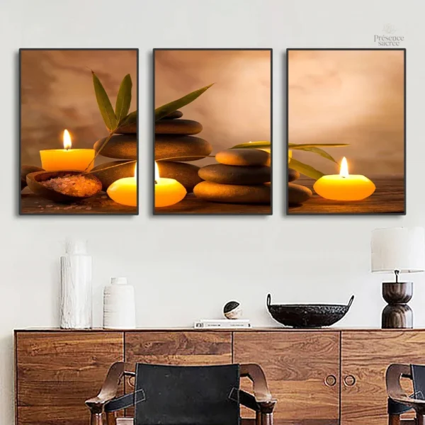 Décoration murale zen avec galets apaisants en 3 panneaux