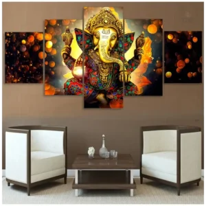 Tableau Ganesh 5 pièces, art décoratif bouddhiste