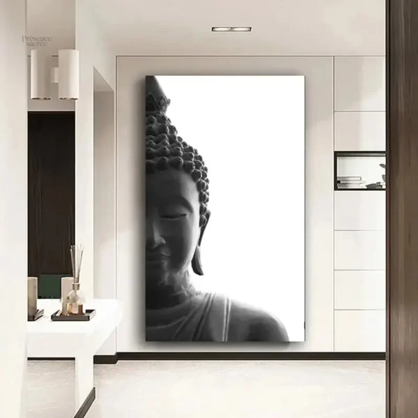 Art mural tête de bouddha, ambiance sereine en noir et blanc